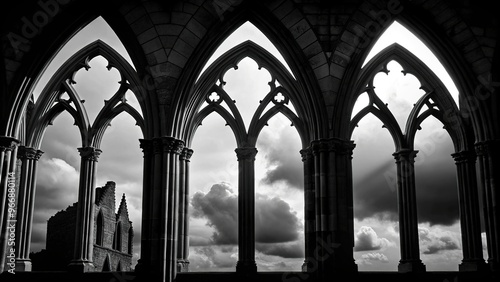 Silhouette of cathedral arches in black and white photo