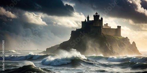 Silhouette of castle on cliff overlooking stormy sea