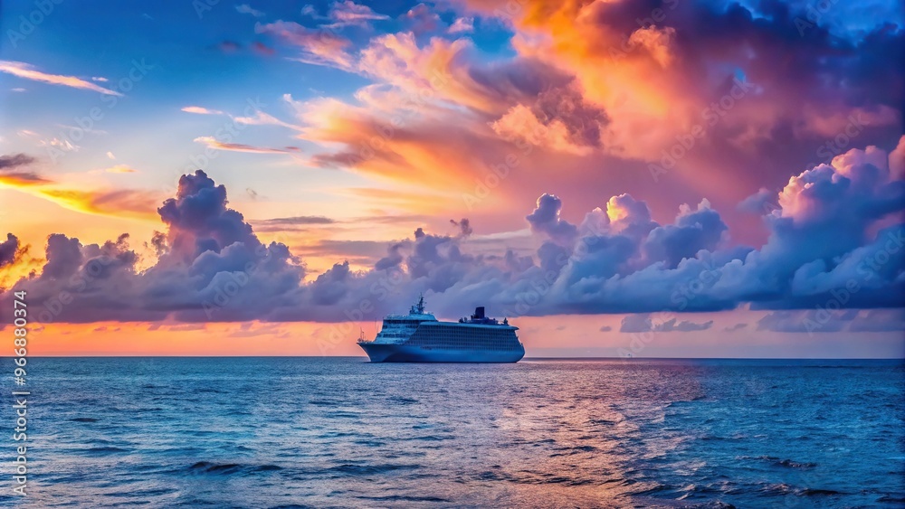 Silhouette of cruise ship sailing on blue sea with pink clouds in sky Silhouette of cruise ship sailing on blue sea with pink clouds in sky