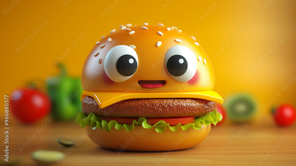 Cute hamburger with face 3d cartoon character, isolated on yellow background Cute hamburger with face 3d cartoon character, isolated on yellow background