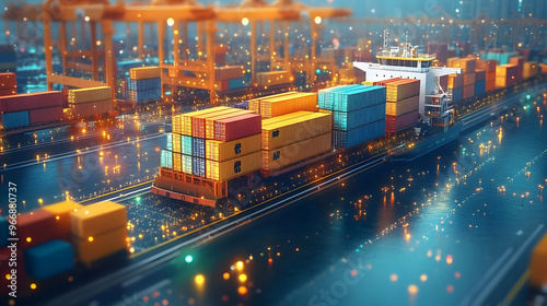 A busy port scene with carg...