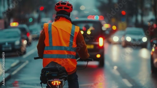 A cyclist in a bright orange safety vest rides a bicycle through city traffic on a rainy day.