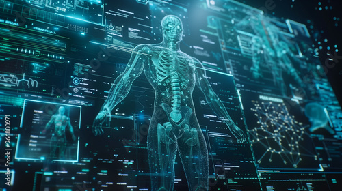 Digital human anatomy with data streams and circuit patterns representing technology integration