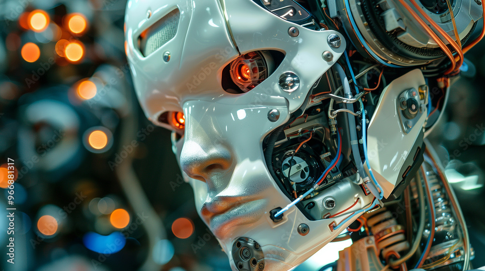 Close-up of a female humanoid robot with futuristic technological enhancements Close-up of a female humanoid robot with futuristic technological enhancements