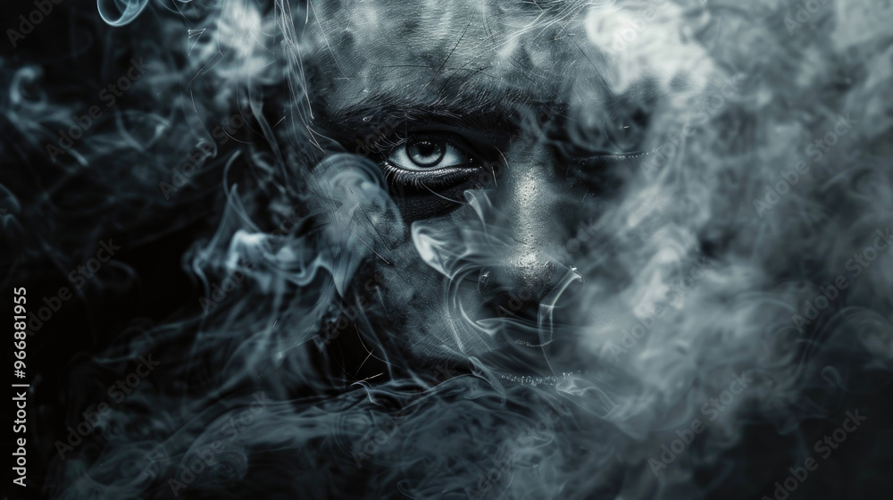 Mysterious Portrait of a Person Partially Obscured by Smoke in Low Light Setting Mysterious Portrait of a Person Partially Obscured by Smoke in Low Light Setting