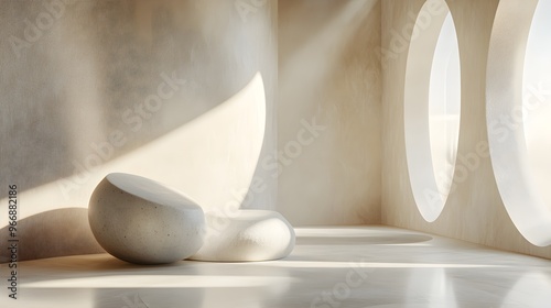 Abstract minimalist shapes, neutral tones, smooth edges, soft shadows, futuristic technology