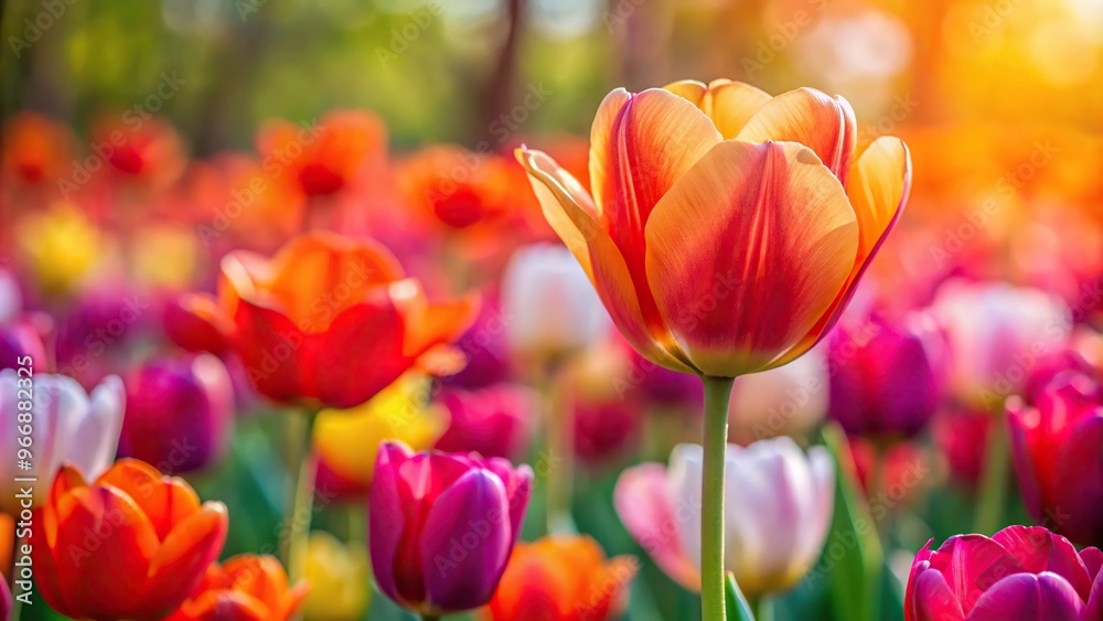 Silhouette of red, orange, and yellow tulip flowers next to pink petalled specimen in ambient panorama Silhouette of red, orange, and yellow tulip flowers next to pink petalled specimen in ambient panorama