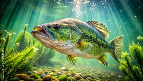 A largemouth bass swims effortlessly in crystal-clear water against a lush green backdrop. photo