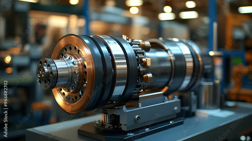 A close-up of a precision-engineered industrial component in a manufacturing setting.