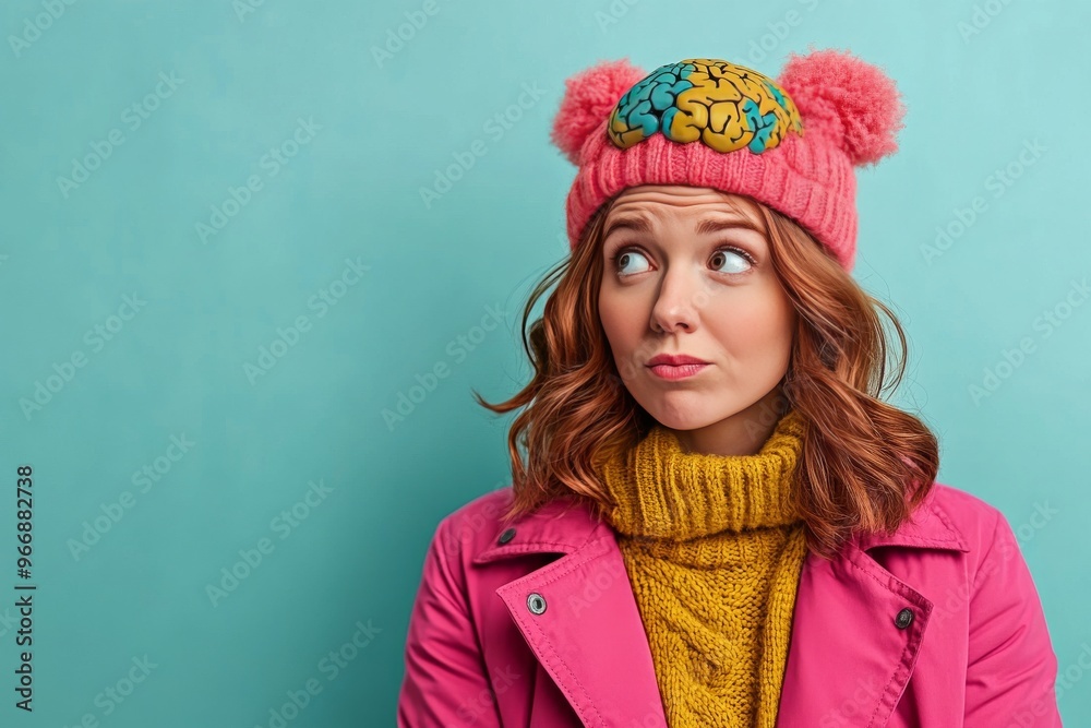 Neural oscillations synaptic vesicles and neuroengineering woman in a colorful hat with brain visualization symbolizing creativity fun and cognitive energy Neural oscillations synaptic vesicles and neuroengineering woman in a colorful hat with brain visualization symbolizing creativity fun and cognitive energy
