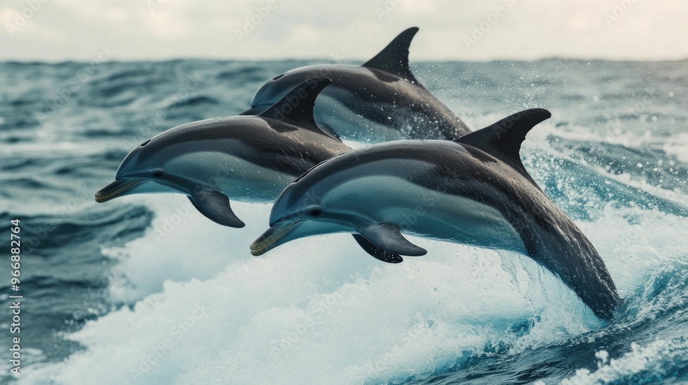 Fototapeta premium A pod of energetic and playful dolphins leaping through the dynamic waves of the vast and vibrant ocean showcasing their graceful agility and joy as they explore their marine environment