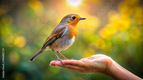 A lone bird takes refuge on a hand, reminding us to seize opportunities with caution and prudence. photo