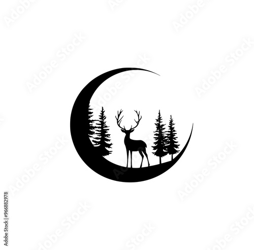 Minimalist deer silhouette with moon and forest, A minimalist black-and-white illustration featuring a deer standing by trees, with a crescent moon in the background, evoking nature and wilderness.
