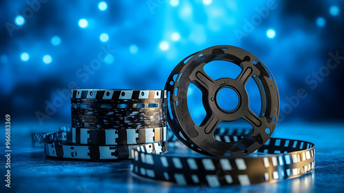 A close-up of film reels ag...
