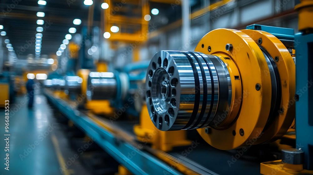 A close-up of industrial machinery components in a factory setting, showcasing precision engineering. A close-up of industrial machinery components in a factory setting, showcasing precision engineering.