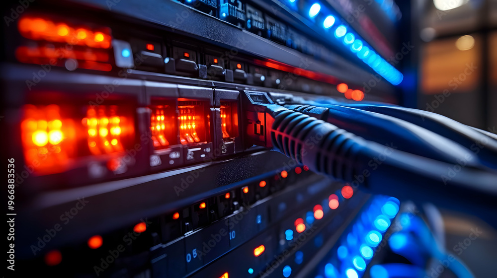 A close-up of network cables connected to a server rack with illuminated indicators.