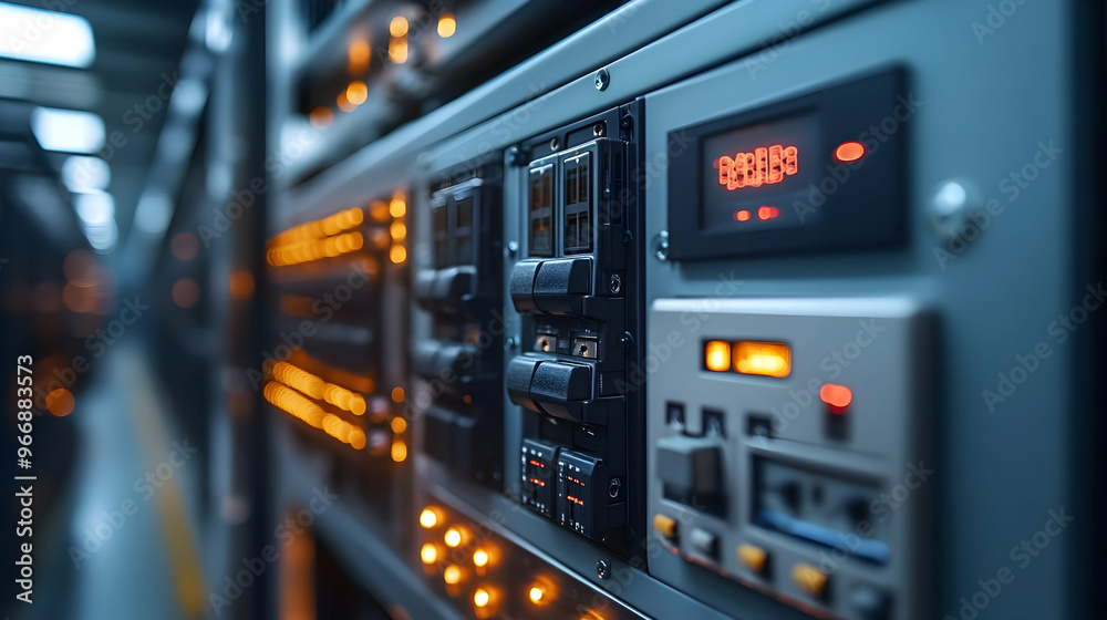A close-up of server equipment with illuminated indicators and control panels. A close-up of server equipment with illuminated indicators and control panels.