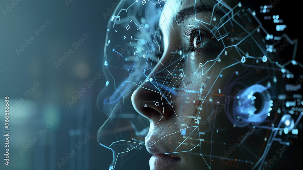 Futuristic interface showing a female face combined with digital data and circuits