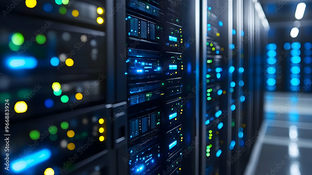 A close-up view of a data center with illuminated server racks. A close-up view of a data center with illuminated server racks.