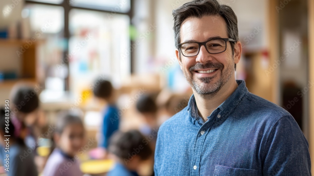 A male teacher stands confidently in his classroom, smiling warmly at the camera while his students engage in activities, highlighting a nurturing educational atmosphere A male teacher stands confidently in his classroom, smiling warmly at the camera while his students engage in activities, highlighting a nurturing educational atmosphere