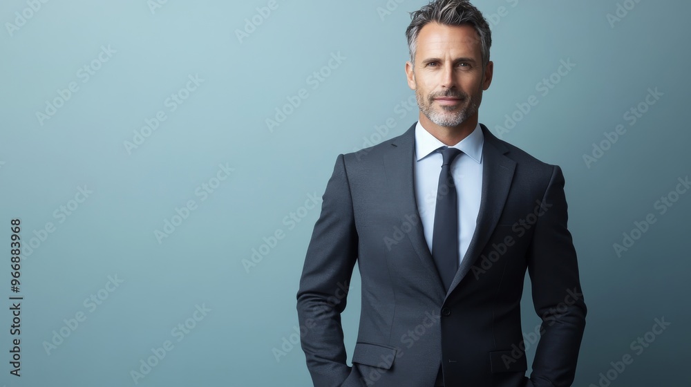 A confident middle-aged businessman stands with poise against a light blue background. Dressed in a sharp suit, he embodies professionalism and modern elegance A confident middle-aged businessman stands with poise against a light blue background. Dressed in a sharp suit, he embodies professionalism and modern elegance