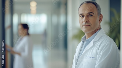 A senior male doctor, dressed in a white coat, stands confidently in a hospital corridor, showcasing professionalism and experience in a clinical setting