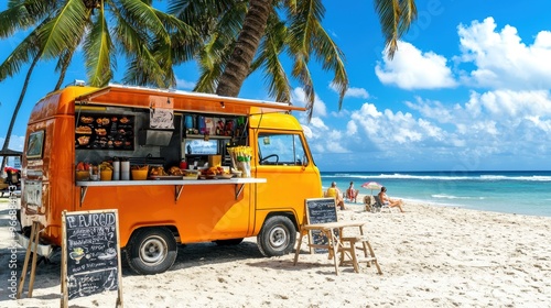Orange Food Truck on Tropical Beach with Palm Trees