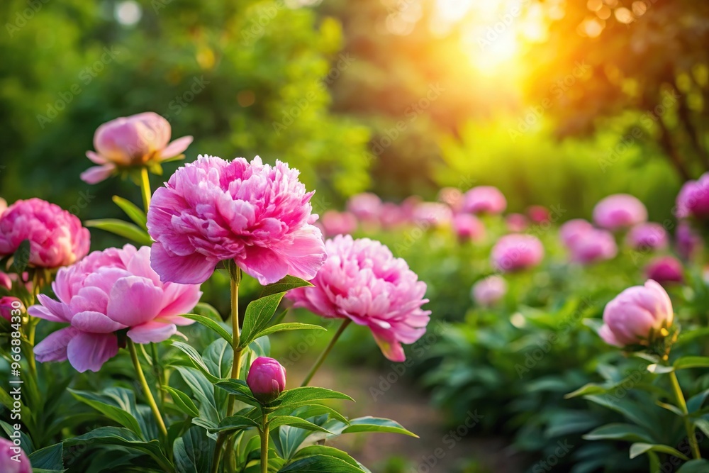 Silhouette ornamental plants and pink peonies in a summer garden flower bed Silhouette ornamental plants and pink peonies in a summer garden flower bed