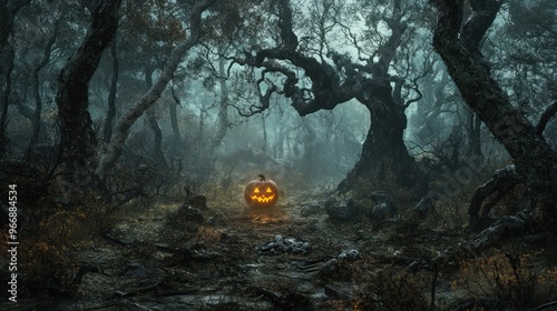 A haunted forest clearing filled with scattered bones, surrounded by tall trees that seem to close in, and a single jack-o-lantern flickering eerily in the center. photo