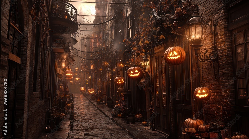 A dark alley in a steampunk town during Halloween, filled with gas lamps and steam vents, with intricately designed pumpkin lanterns hanging from wrought iron hooks. A dark alley in a steampunk town during Halloween, filled with gas lamps and steam vents, with intricately designed pumpkin lanterns hanging from wrought iron hooks.