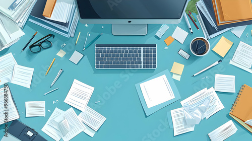A cluttered workspace with ...