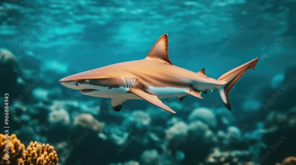 Majestic shark gracefully swimming through the vibrant coral reef showcasing its predatory importance in the delicate undersea ecosystem Majestic shark gracefully swimming through the vibrant coral reef showcasing its predatory importance in the delicate undersea ecosystem
