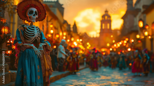 Spirit of the Fiesta: A captivating Catrina, adorned in vibrant attire, presides over a bustling Day of the Dead celebration, illuminated by the golden hues of sunset in a historic Mexican town. 