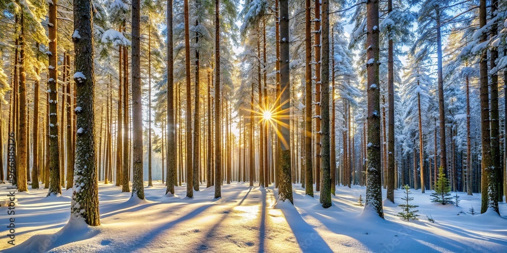 Obraz premium Silhouette snowy forest scene with tall pine trees and sunlight filtering through the branches wallpaper