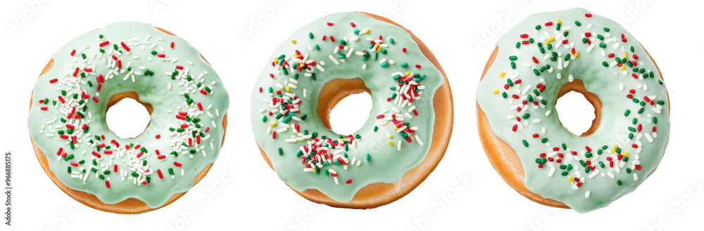 set of donuts with mint icing and sprinkles isolated on transparent background set of donuts with mint icing and sprinkles isolated on transparent background