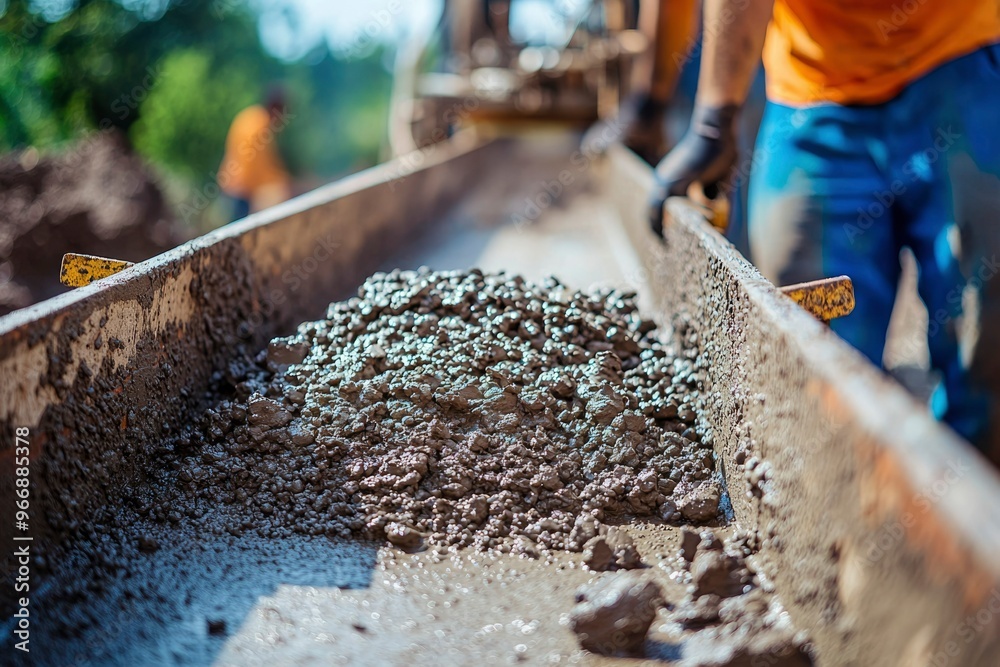 Naklejka premium Concrete Mix Flowing Through A Metal Conveyor Belt