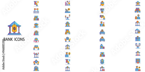 Bank simple concept 40 colour icons set. Contains such wallet, online banking, savings, loans, ATM, mortgage, investment, banger etc .Vector illustration.