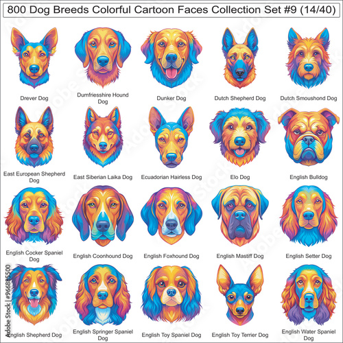 Dog Breeds Colorful Cartoon Dog Faces Collection Set of 800 Dog Faces Isolated Part 14