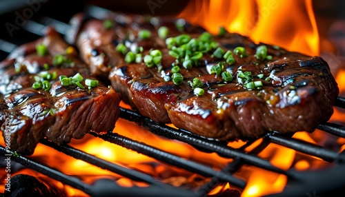 Sizzling close-up of grilled wagyu beef and pork belly in traditional yakiniku style, surrounded by flames on stainless steel grill photo