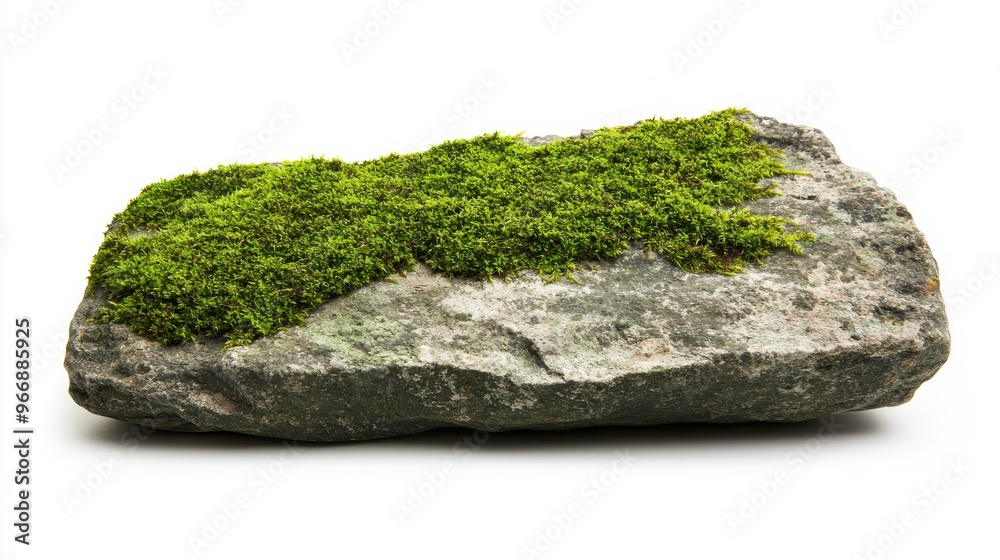 Green Moss Covering a Large Stone on White Background Green Moss Covering a Large Stone on White Background