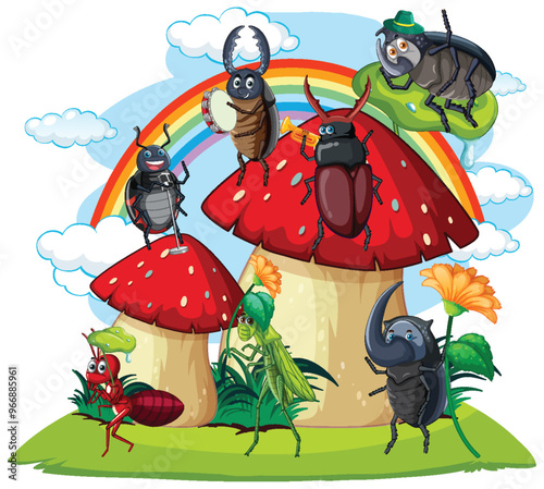 Colorful Insects on Mushrooms