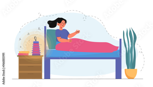 Girl with mosquito lamp. Kid in bedroom near electric trap for insects. Pest killer device and repellent for apartment and home. Flat vector illustration photo