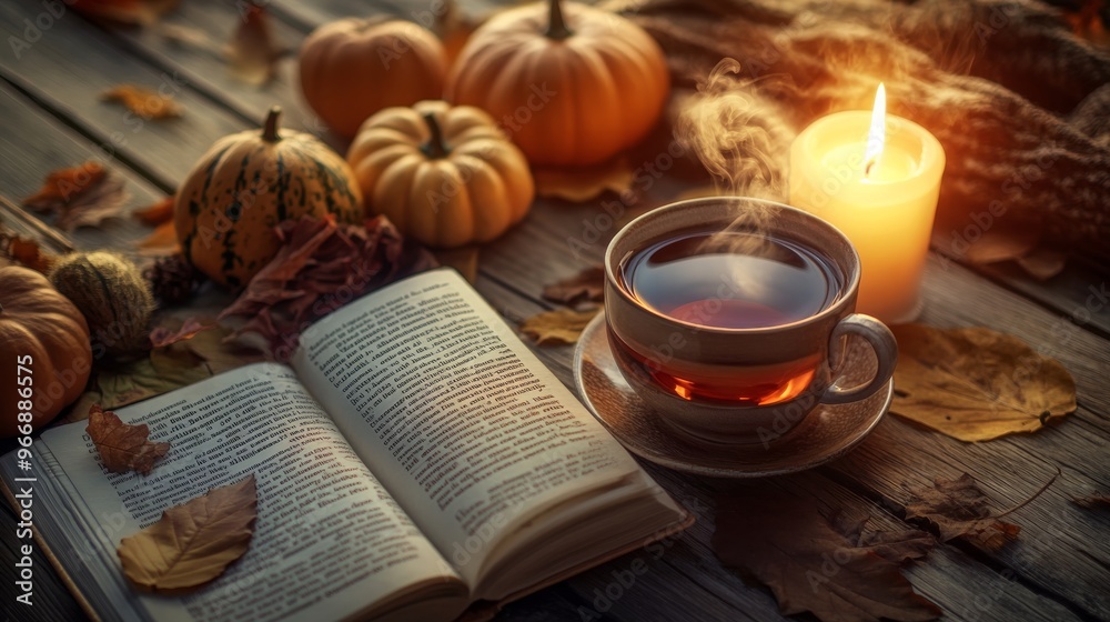 A warm, inviting scene showcases a cup of hot tea beside a glowing candle, surrounded by pumpkins and autumn leaves on a rustic wooden surface A warm, inviting scene showcases a cup of hot tea beside a glowing candle, surrounded by pumpkins and autumn leaves on a rustic wooden surface