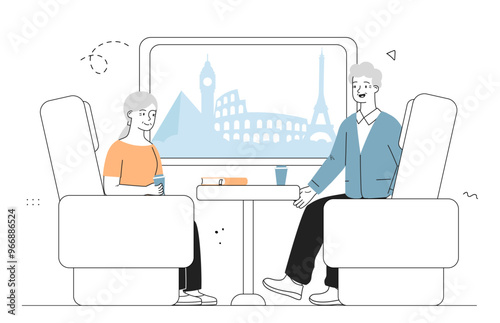 Old couple in train. Elderly man and woman sitting on train and looking out window. Passengers in transport. City infrastructure. Tourists and travelers. Linear vector illustration