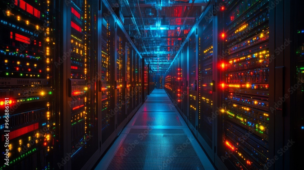 Amidst the hum of technology, a bustling data center showcases numerous servers and network devices lit by colorful LED lights, highlighting its operational intensity Amidst the hum of technology, a bustling data center showcases numerous servers and network devices lit by colorful LED lights, highlighting its operational intensity