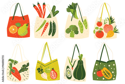 Wallpaper Mural Different cotton eco friendly bags. green lifestyle, zero waste reusable shoppers, fruits and vegetables in canvas bags, nets, vector Net bags with various products. Zero waste, plastic free concept.  Torontodigital.ca