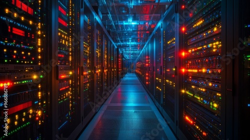 Amidst the hum of technology, a bustling data center showcases numerous servers and network devices lit by colorful LED lights, highlighting its operational intensity