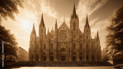 Generative AI, A grand, ornate cathedral bathed in warm sunlight, with intricate architectural details and towering spires, evoking a sense of history and reverence in sepia tones