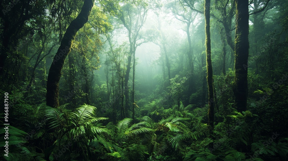 Fototapeta premium A peaceful rainforest enveloped in mist features tall trees and dense vegetation, creating a serene and mystical environment full of rich greenery