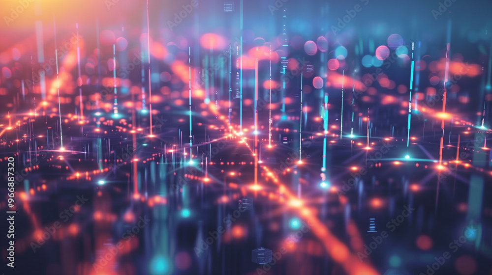 Obraz premium Abstract glowing digital grid with connections and light trails in a futuristic network